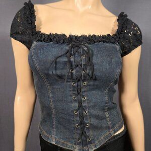 Y2K Denim Lace Up Corset Milkmaid Top size S Fairy Grunge Dark Dirty Wash